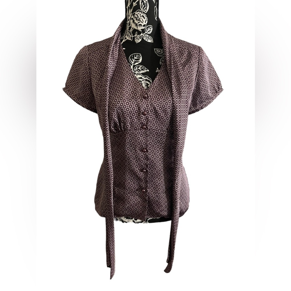 Ann Taylor Loft Dressy Tie Neck Blouse Purple Work Wear Small Sz 4 Short Sleeve